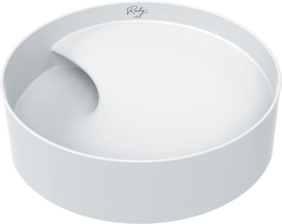 Witte ronde waskom, opbouwmodel, met een deel van de kraan zichtbaar.
