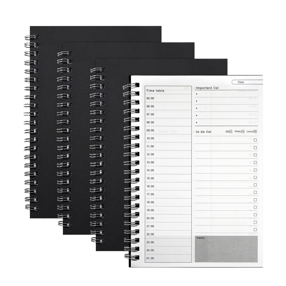 Dagplanner, agenda, journal, tijdsmanagement, voor het maken van lijstjes, zwarte kaft, spiraalplanner, notitieboek, 100 pagina's/50 vellen (4 stuks)