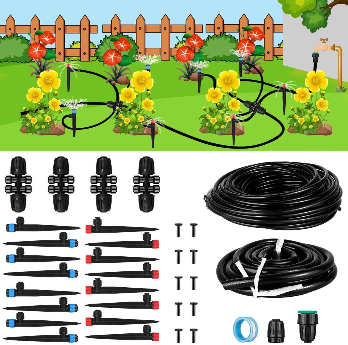 Druppel Irrigatiesysteem - Automatische Bewatering - Planten Verzorgen - Waterbesparend Ontwerp - 29 Meter Slang - Zwart