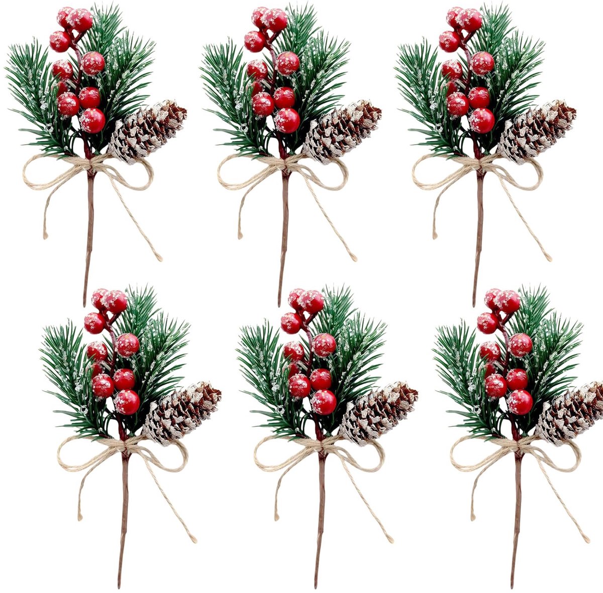 6 stuks kerstbessenstengels dennenprikkels kunstmatige rode bessentakken met dennenappels, hulstbladeren voor vakantiekrans, slinger, boomdecoraties 17,5 cm