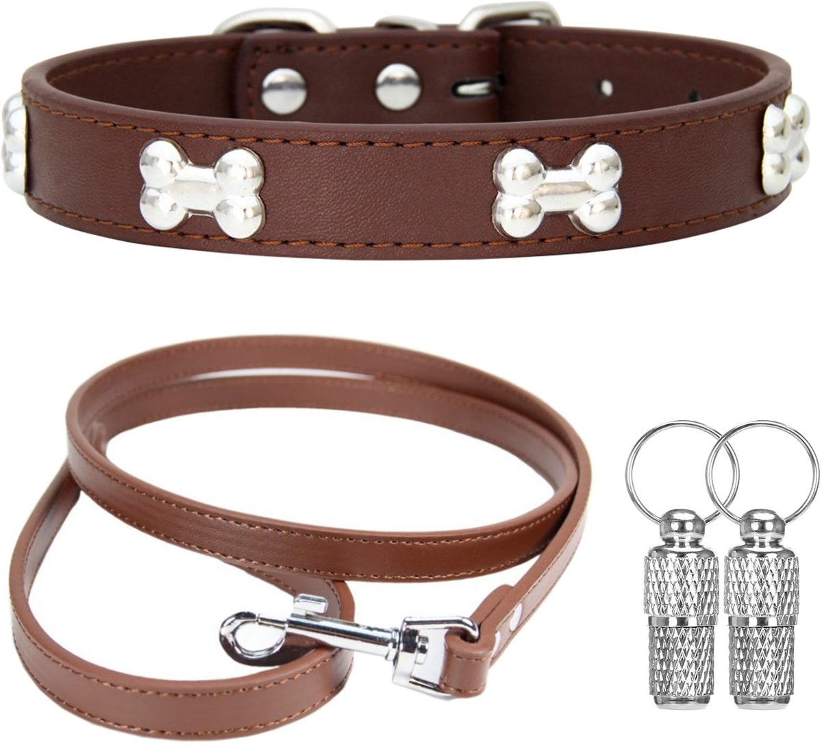 Halsband en riem, hondenhalsband, leer, hondenhalsband, kleine maat, geschikt voor kleine middelgrote honden en katten, bruin, M