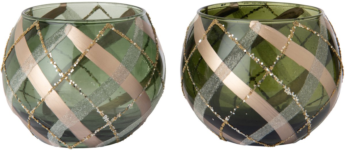 J-Line Windlicht met ruitmotief - glas - groen/goud - assortiment van 2