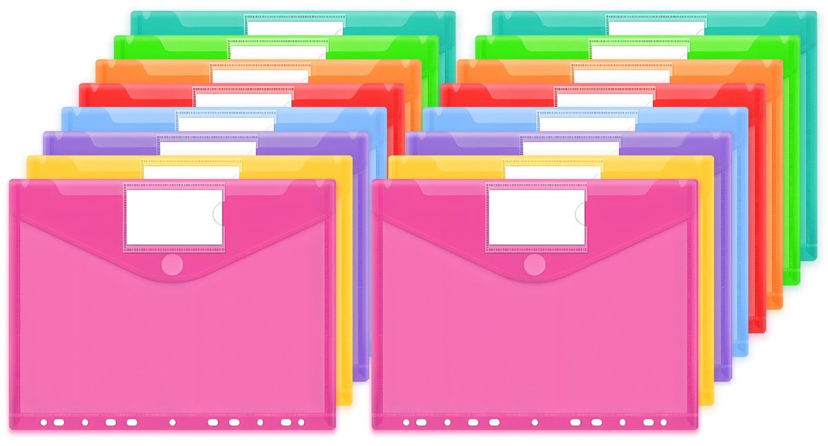 Documentenmap, 16 stuks, 8 kleuren, waterdichte mappen met 11 gaten, klittenbandsluiting en labelvakken, transparante documentenhoezen voor het organiseren van documenten