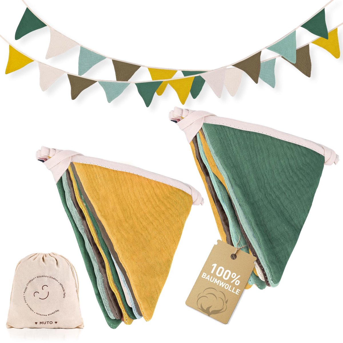 Wimpelslinger voor kinderkamer, 2,7 m stoffen slinger, decoratie voor kinderkamer, kinderkamer, babykamer, verjaardagsfeest (geel)