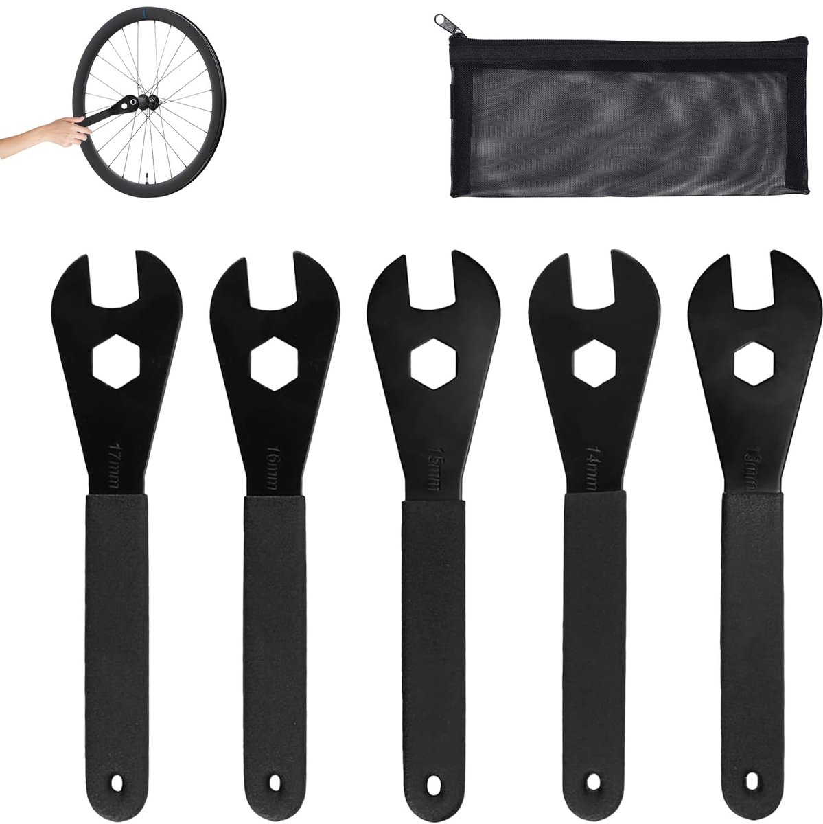 5 stuks Pedalsleutels, Fietsgereedschap Konussleutels, 13/14/15/16/17 mm Ringsleutelset, Konussleutel Fiets voor Fiets Koolstofstaal Kegel Schroefsleutel Nabe As