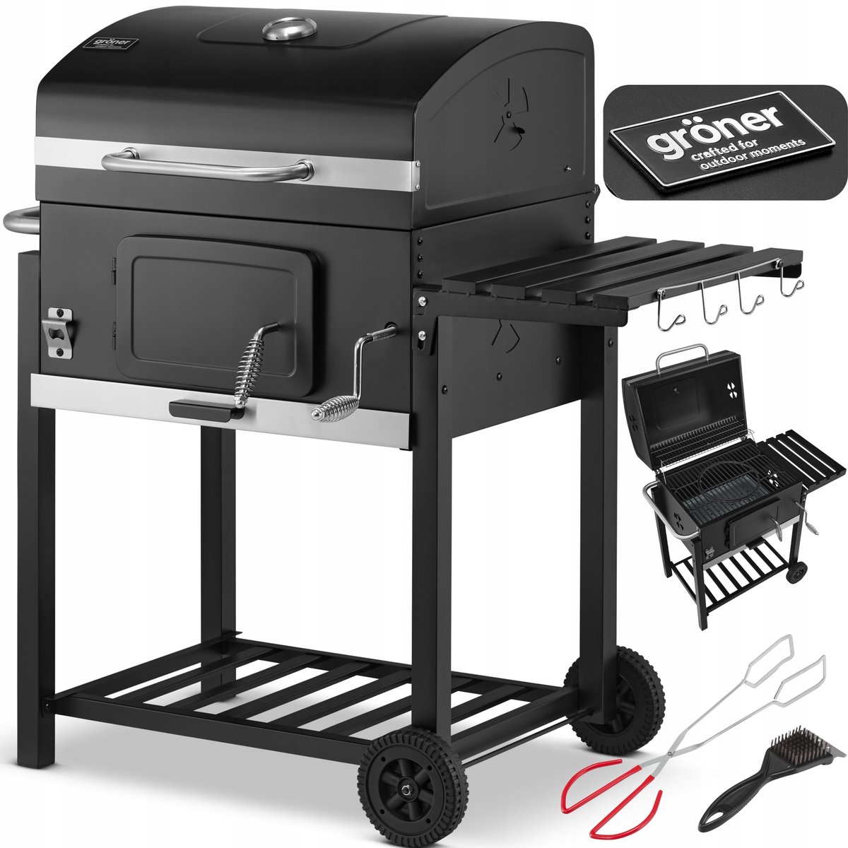 GRÖNER Koolgrill met Gietijzeren Haan 57x42cm | Thermometer en gratis accessoires