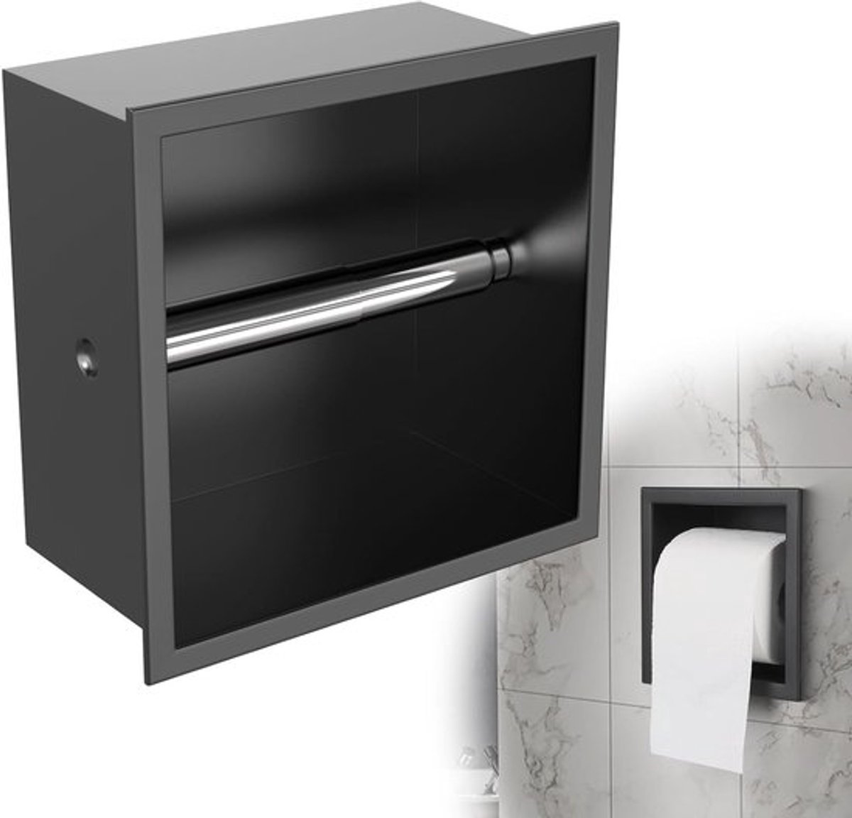 Stijlvolle RVS Toiletpapierhouder voor Smalle Badkamers, Snelle Vervanging, 17 x 17 x 8.6 cm, Zwart en Duurzaam Design