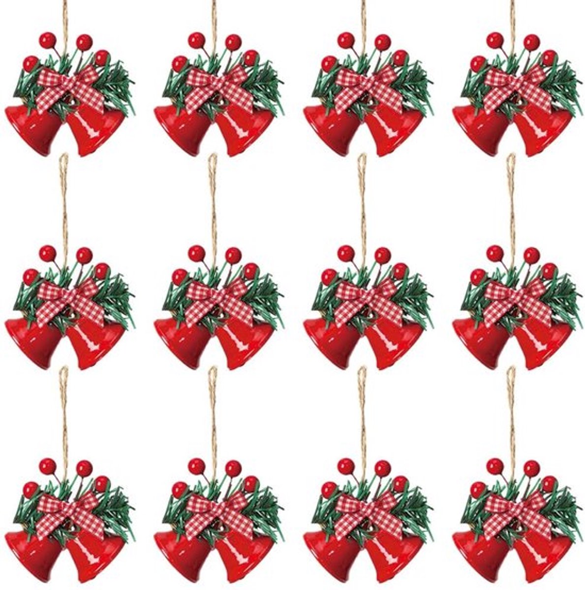 Kerstklok 12 Stuks - Metalen Jingle Klokken - Ornamenten met Hulstbessen - Hangende Decoratie - DIY Kerstkransen - Stevig Ophangkoord - Kerstdecoratie