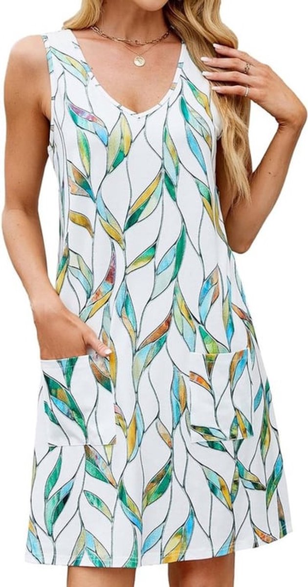 Elegante Zomerjurk voor Dames met Mouwenloze A-lijn en Bloemenpatroon, Perfect voor het Strand en Casual Gelegenheden met Praktische Zakjes