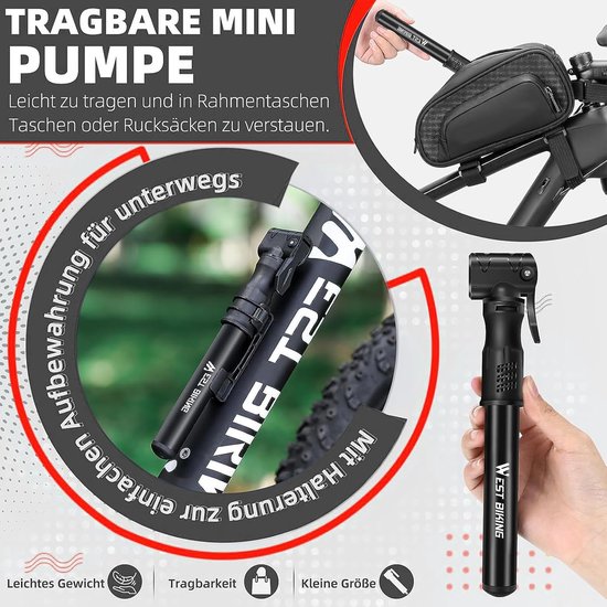 Mini Fietspomp - Draagbare Luchtpomp - Banden Oppompen - Universele Ventielen - 26 cm - Aluminium — afbeelding 2