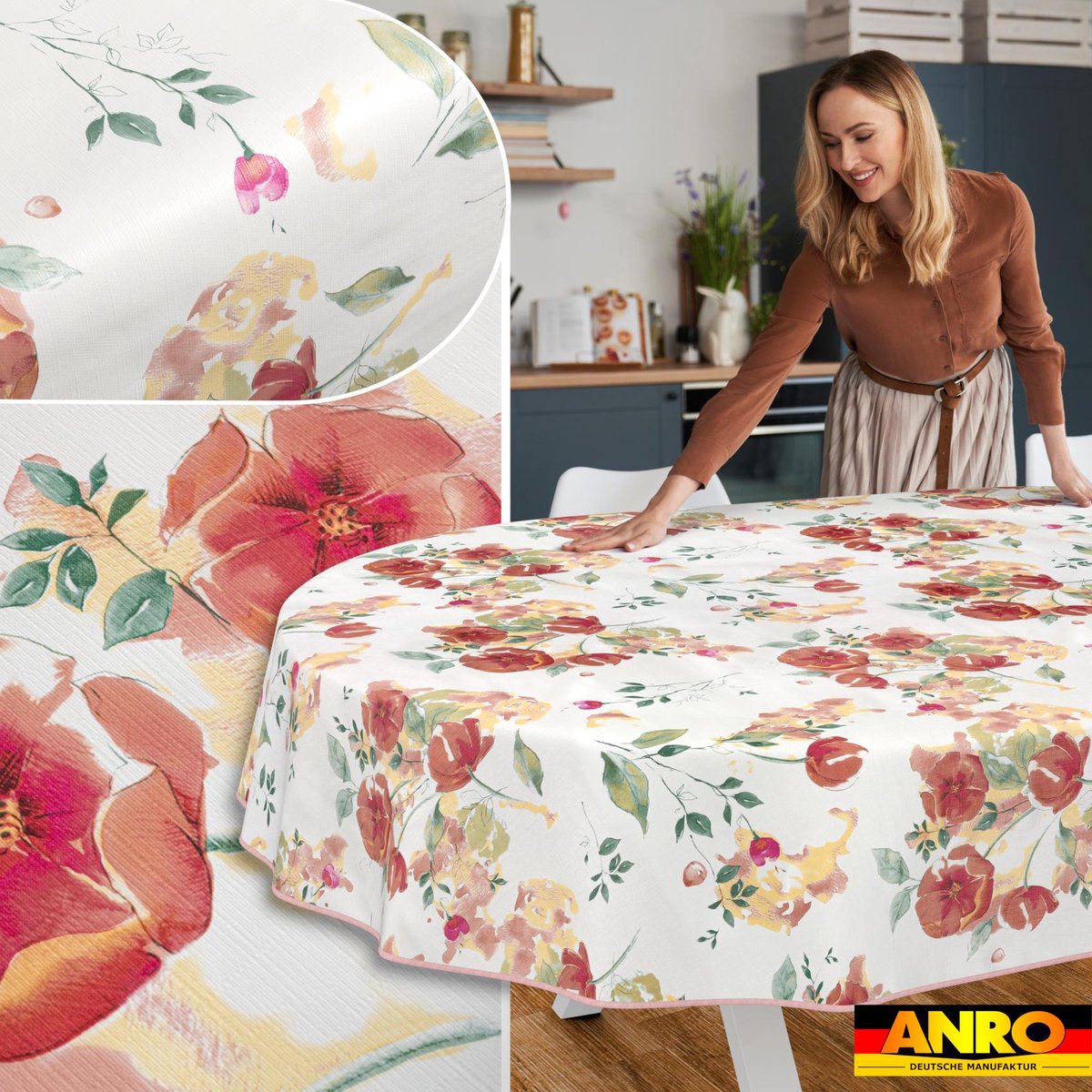 ANRO Tafelkleed Klaprozen Rood Ovaal 160x140cm Met sierband Afwasbaar Waterafstotend Binnen & Buiten