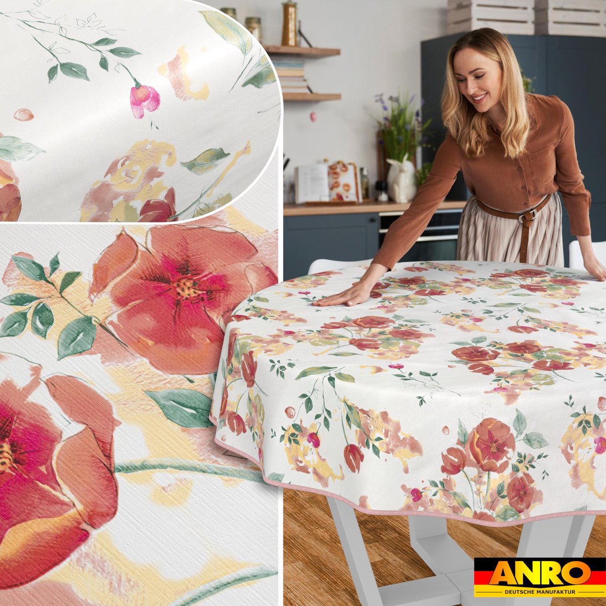 ANRO Tafelkleed Klaprozen Rood Rond Ø120cm Met sierband Afwasbaar Waterafstotend Binnen & Buiten