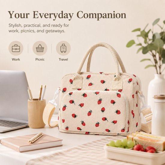 Koeltas - 12L Geïsoleerde Lunchtas met Verstelbare Schouderriem en Zijvakken - Opvouwbare Thermos Voedseltas voor Werk, Picknick en Reizen - Off-wit van Bobypet — afbeelding 4