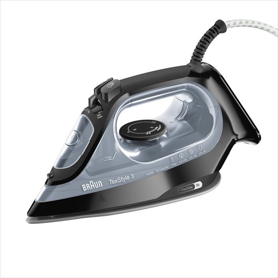 Zwart Braun TexStyle 3 strijkijzer met witte kabel en transparant waterreservoir.