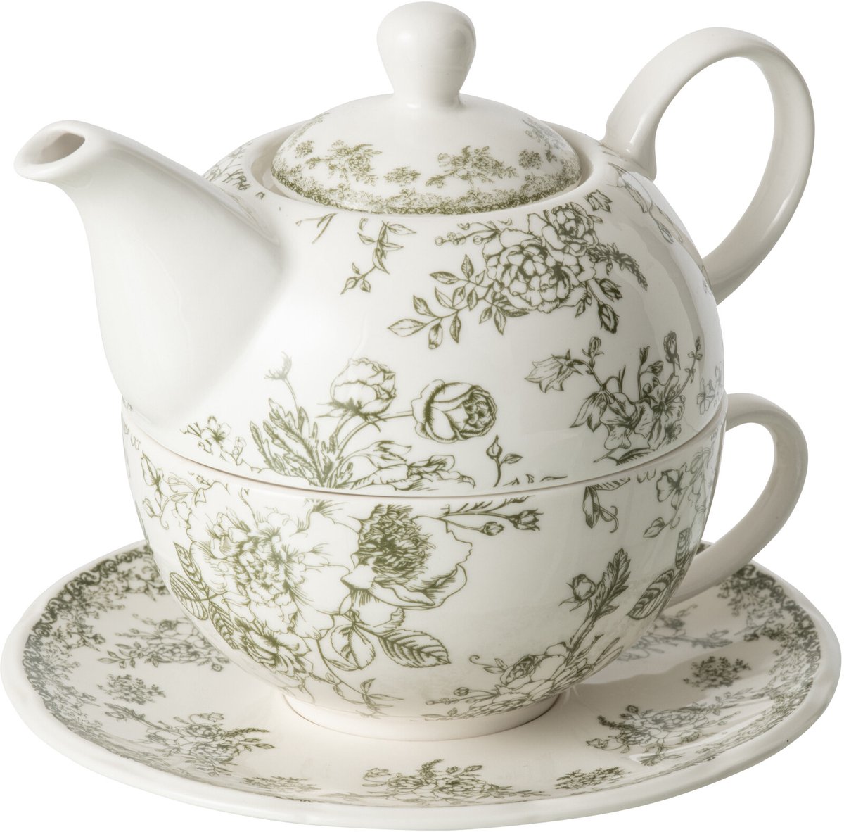 J-Line theepot Bloemen - keramiek - donkergroen/wit