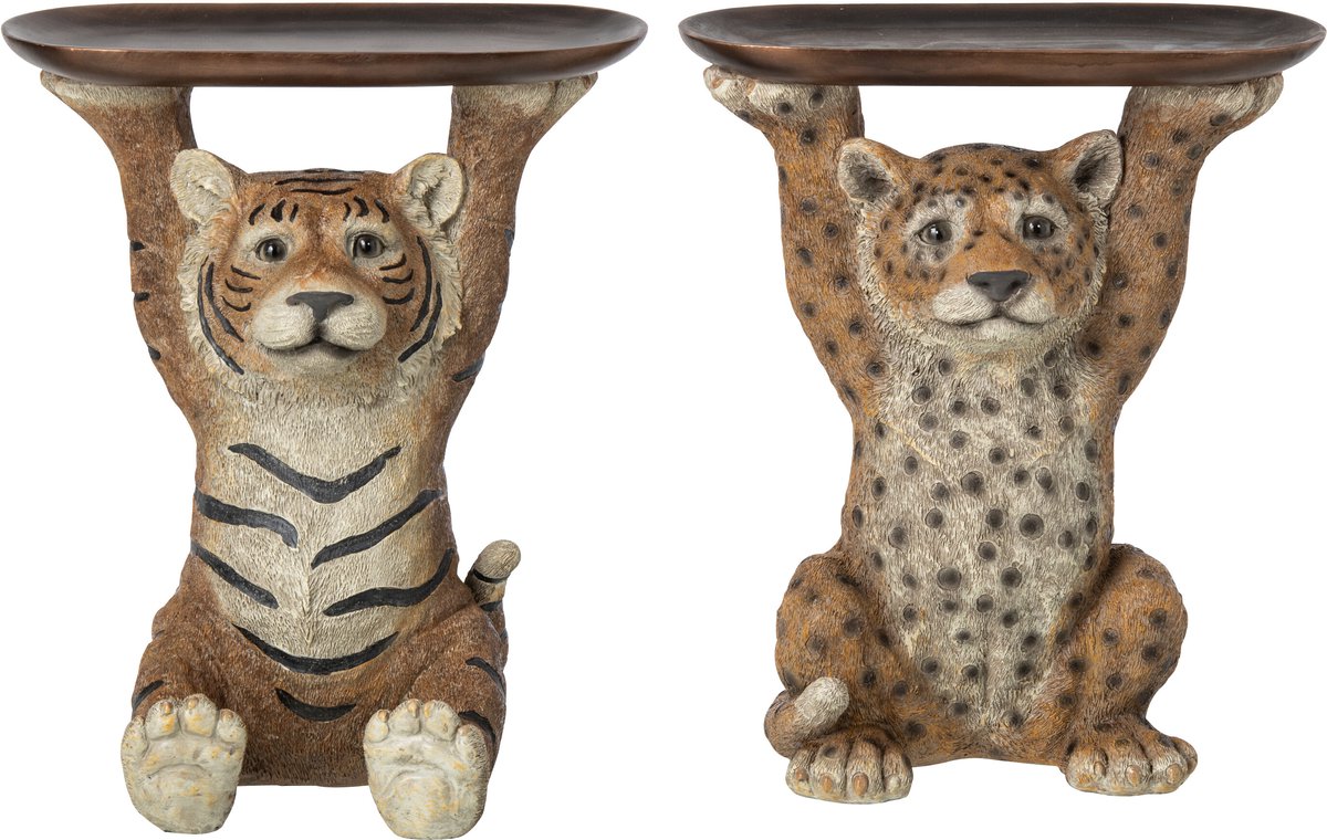 J-Line Decoratief dienblad tijger en luipaard - polyresin - karamel - assortiment van 2