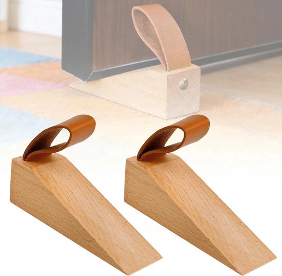 Houten deurstopper set van 2 stuks - beukenhout, anti-slip pad, deurwig voor alle deuren, praktisch en duurzaam
