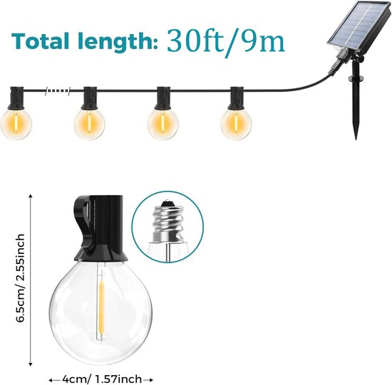 Solar-buitenverlichting (snoer), 9 meter (30ft) waterdichte terrasverlichting met afstandsbediening, 15 LED-lampjes, 8 lichtstanden, voor tuin en buiten van solar — afbeelding 2