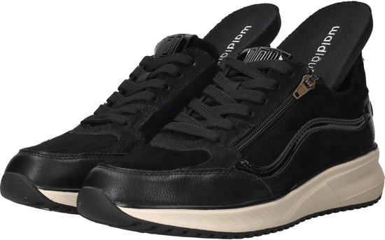 Zwarte lage sneaker van Waldlaufer met suède en lakdetails, met rits en uitneembare binnenzool.