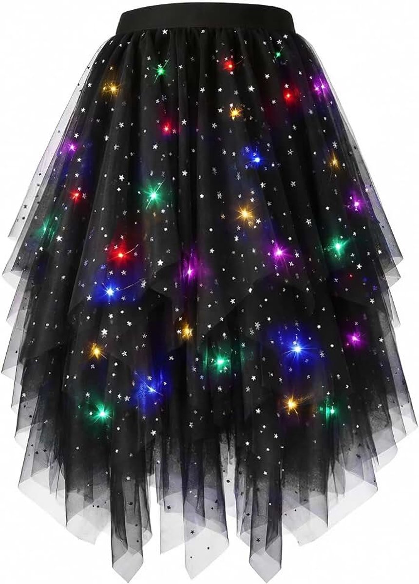 Tutu-rok voor dames, met ledlicht, onregelmatig, gelaagde rok, balletrok, pailletten, voor kerstfeesten, batterijen niet inbegrepen