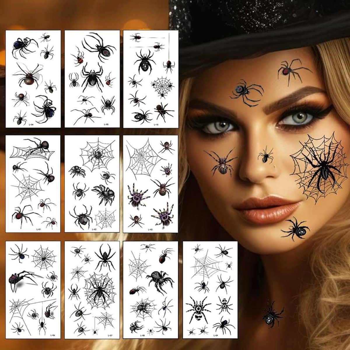 Carnaval, 10 vellen spinnentattoo, realistisch spinnenweb, tijdelijke tatoeages, make-up, make-up voor carnaval, Halloween, volwassenen, kinderen