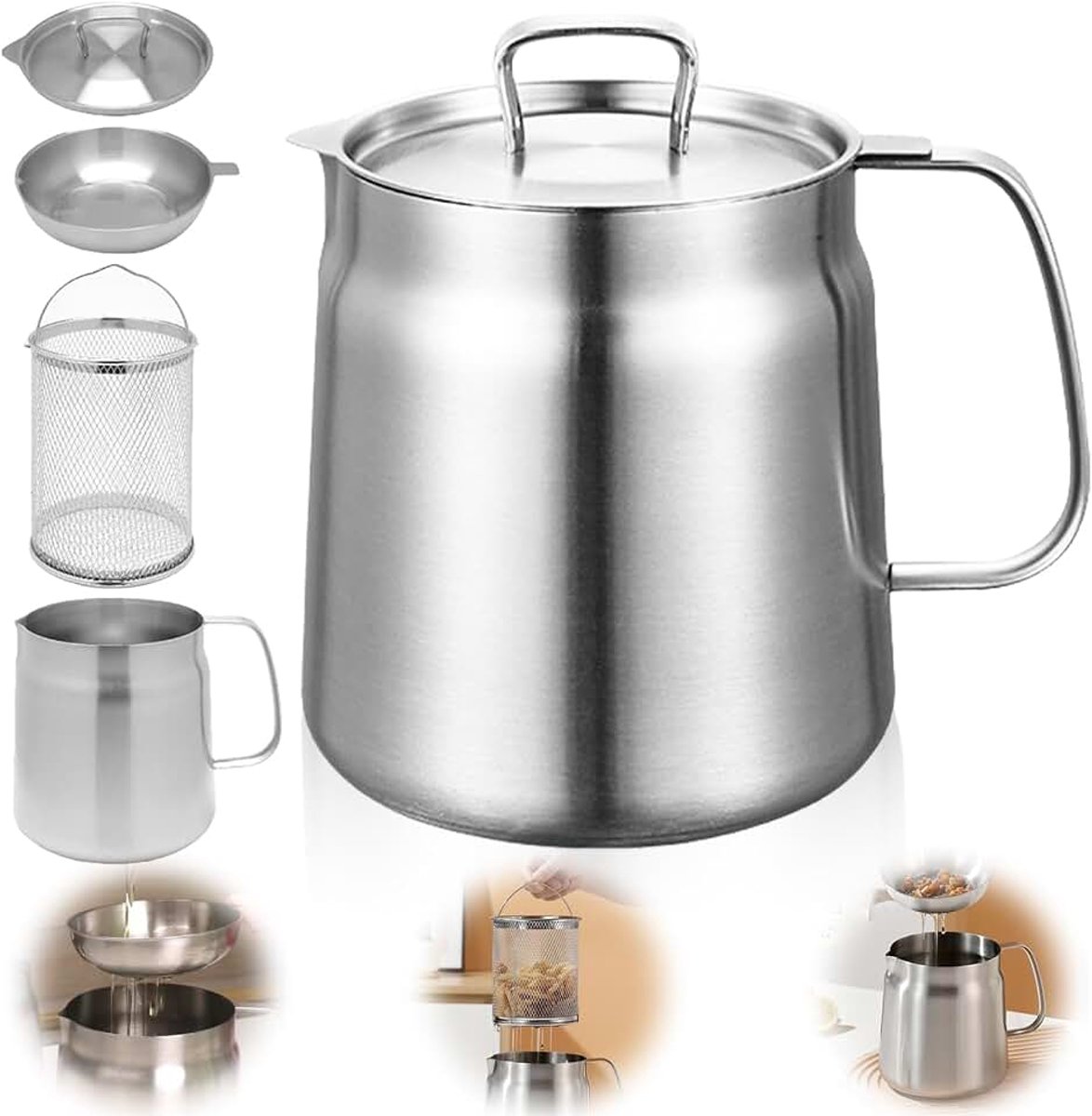 Frituurpan, 2L braadpan van roestvrij staal, frituurpan met zeef, handvat en deksel, Kleine kookpan voor koken, bakken, bewaren, Compatibel met inductiekookplaat, Zilver, Ø 14 cm