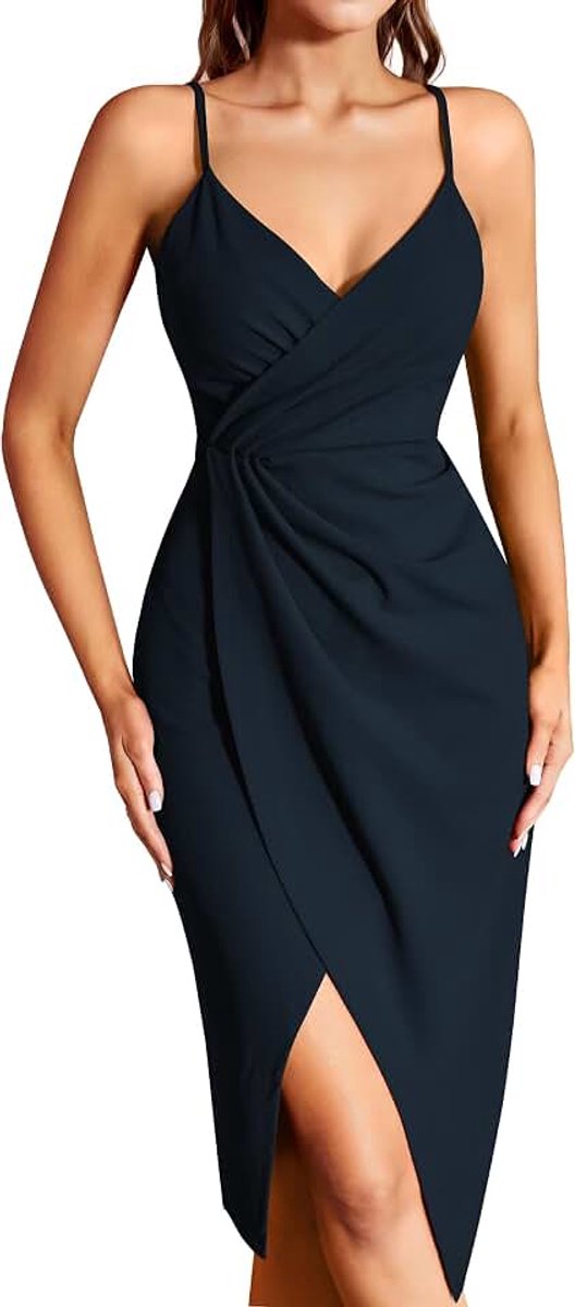Cocktailjurk voor dames, feestjurk, wikkeljurk, zomerjurk, midi-jurk, feestelijke elegante bodycon, bruiloft, mouwloos, spaghettibandjes, avondjurken