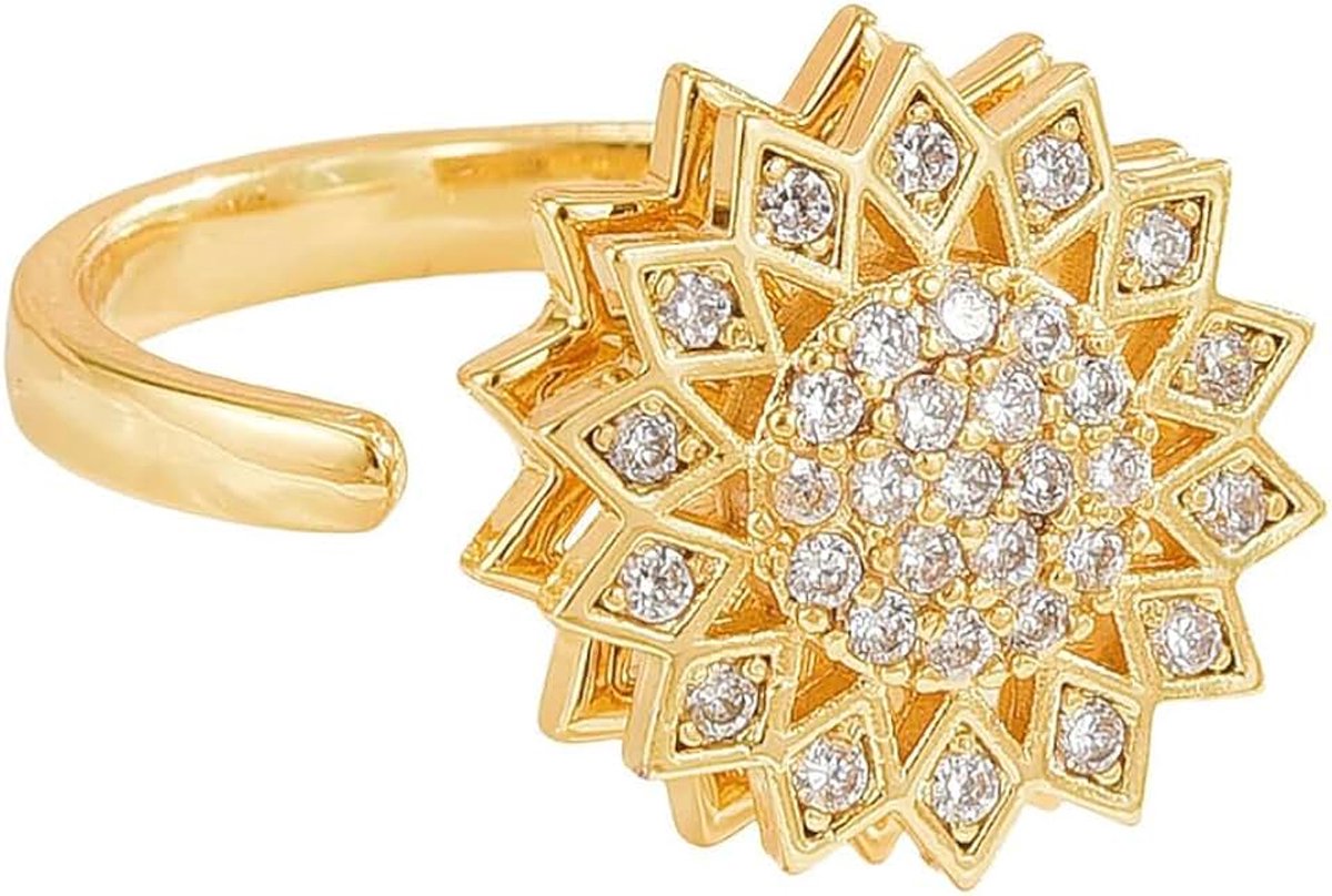 Zonnebloemring voor dames, ring voor bewustzijn van onrust, verstelbare ring, drukvast, 18 karaat koper geplateerd.
