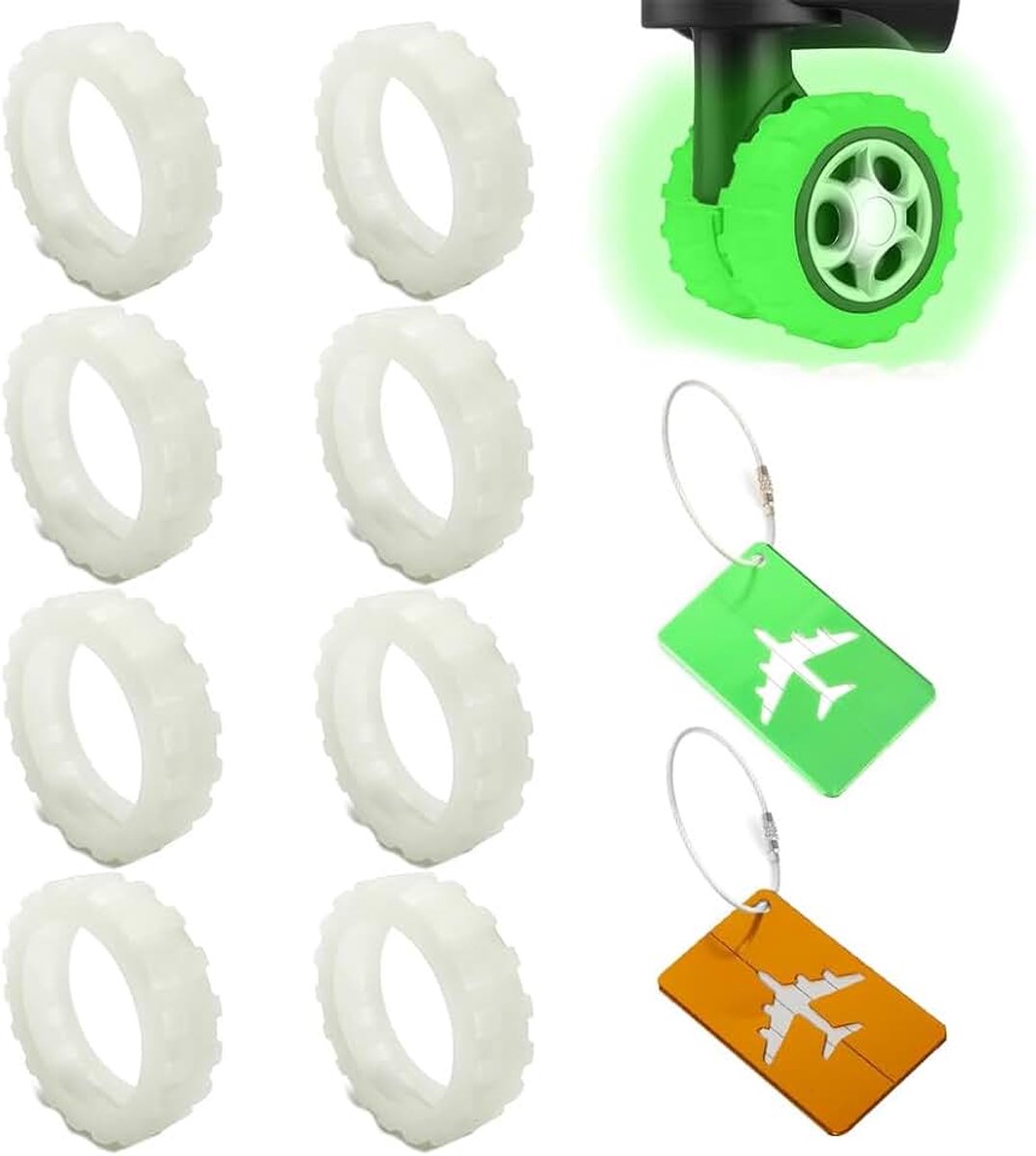 Kofferwielen, 8 stuks, rubberen bescherming, lichtgevend groen en 2 stuks aluminium bagagelabels als offroad beschermafdekking tegen stof en krassen, praktisch bagageaccessoire