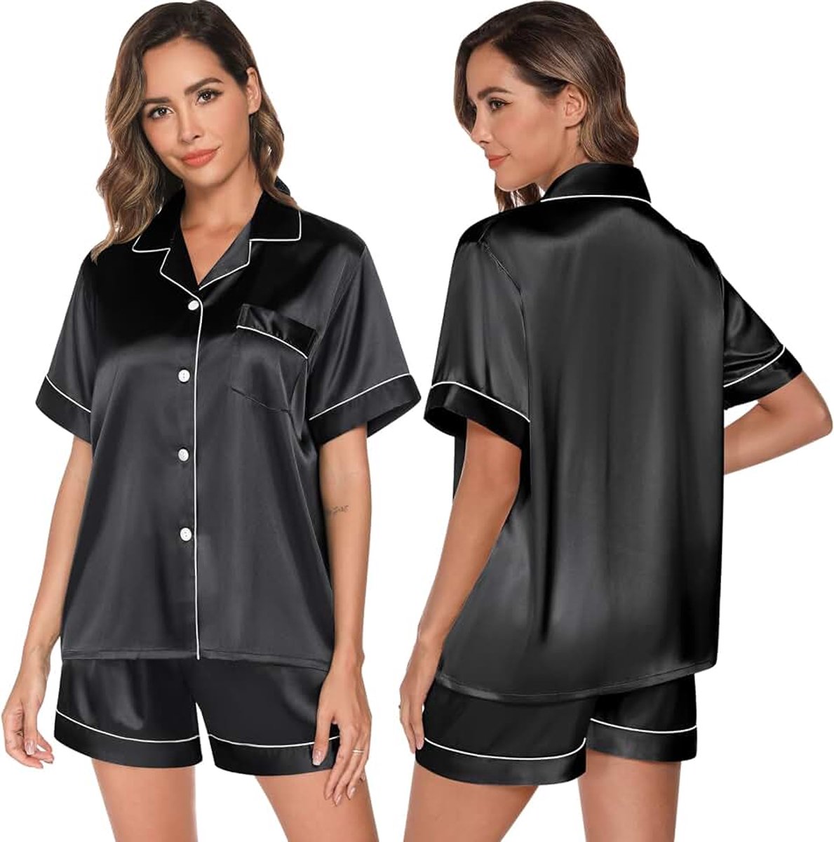 Damespyjama, tweedelige pyjama met lange mouwen en knopen, satijnen, winterpyjama, nachtkledingset, S-XXL