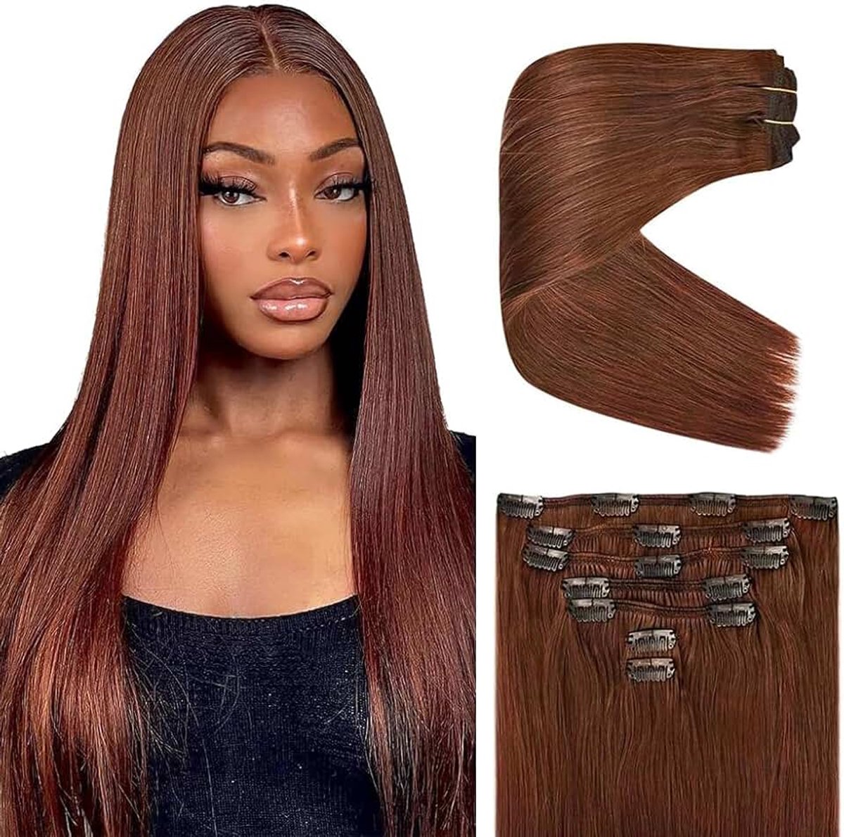 Clip in Extensions Human Hair Silky Straight Human Hair Extensions Clip in Invisible Hairpin #33 Reddish Brown 7pz 45 cm 120g Unprocessed Remy Hair for Women 18 Inch