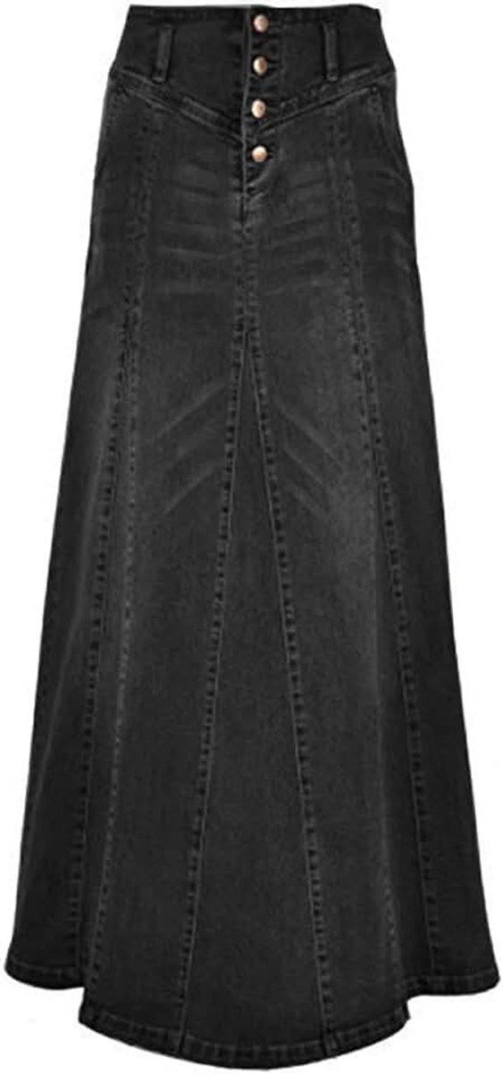 Spijkerrok, voor dames, lange denim rok, met retro knoopsluiting aan de voorkant, omhult de heupen, A-lijn maxi-rok