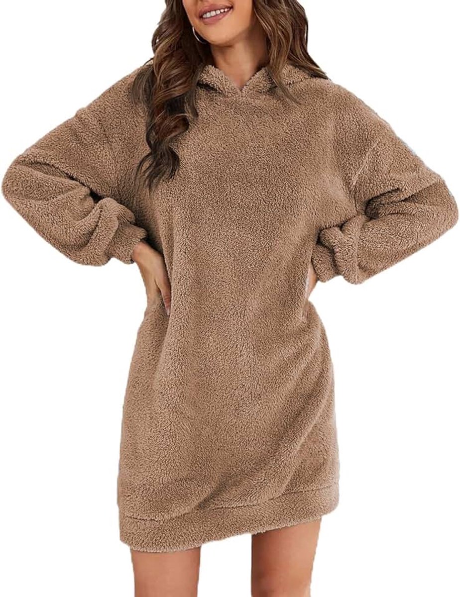 Damestrui met capuchon, flanel, lange mouwen, hoodie, midi, sweatshirt, effen, casual, herfst, winter, binnen en buiten