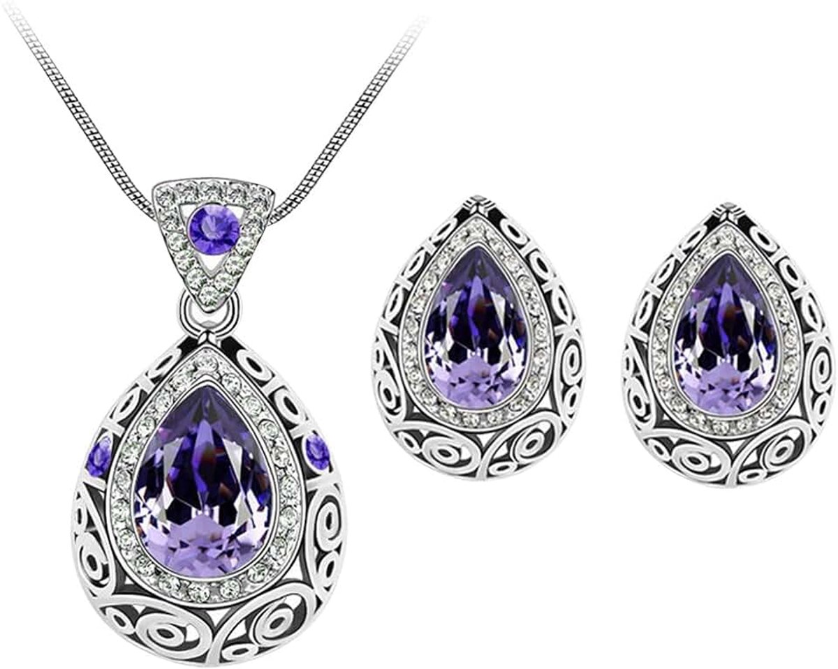 Sieradenset voor vrouwen ketting en oorbellenset prom bruids bruiloft blauwe saffier hanger ketting fonkelende kristallen hanger dames en meisjes