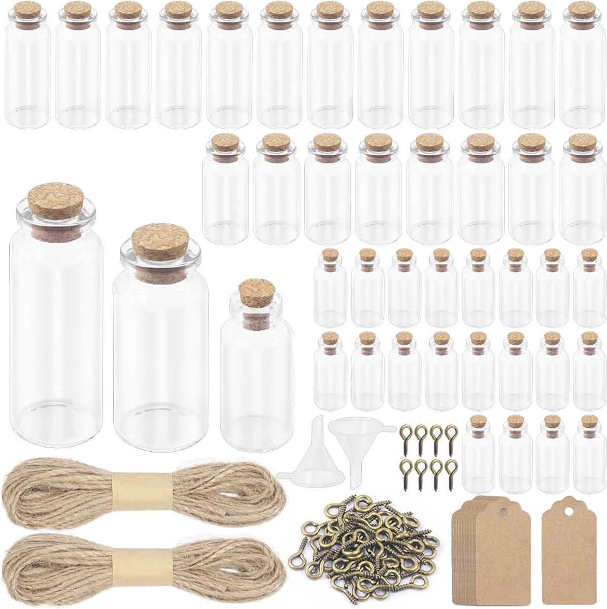 148 stuks 3 maten mini-glazen flessen met kurkstops, oogschroeven, touw, trechter en labellabels, assortimentskit, mini-glazen potten, kurkstopflessen voor doe-het-zelf ambachten