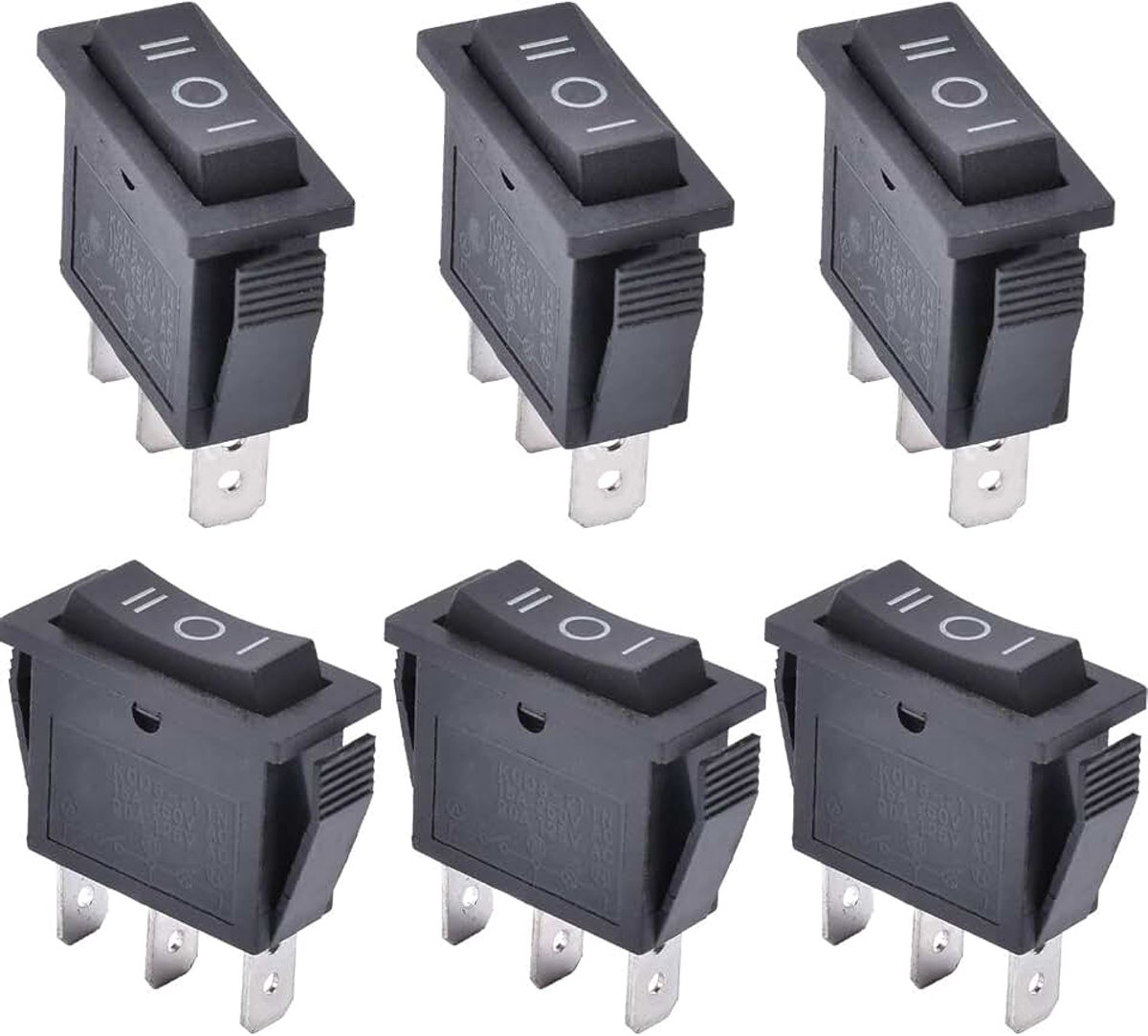 KCD3-103 Set van 6 3-standen ON-OFF tuimelschakelaar met SPDT 3-polig, 250 V 16 A, tuimelschakelaar voor huizen, industrie, doe-het-zelf KCD3-103 (aan/uit), zwart