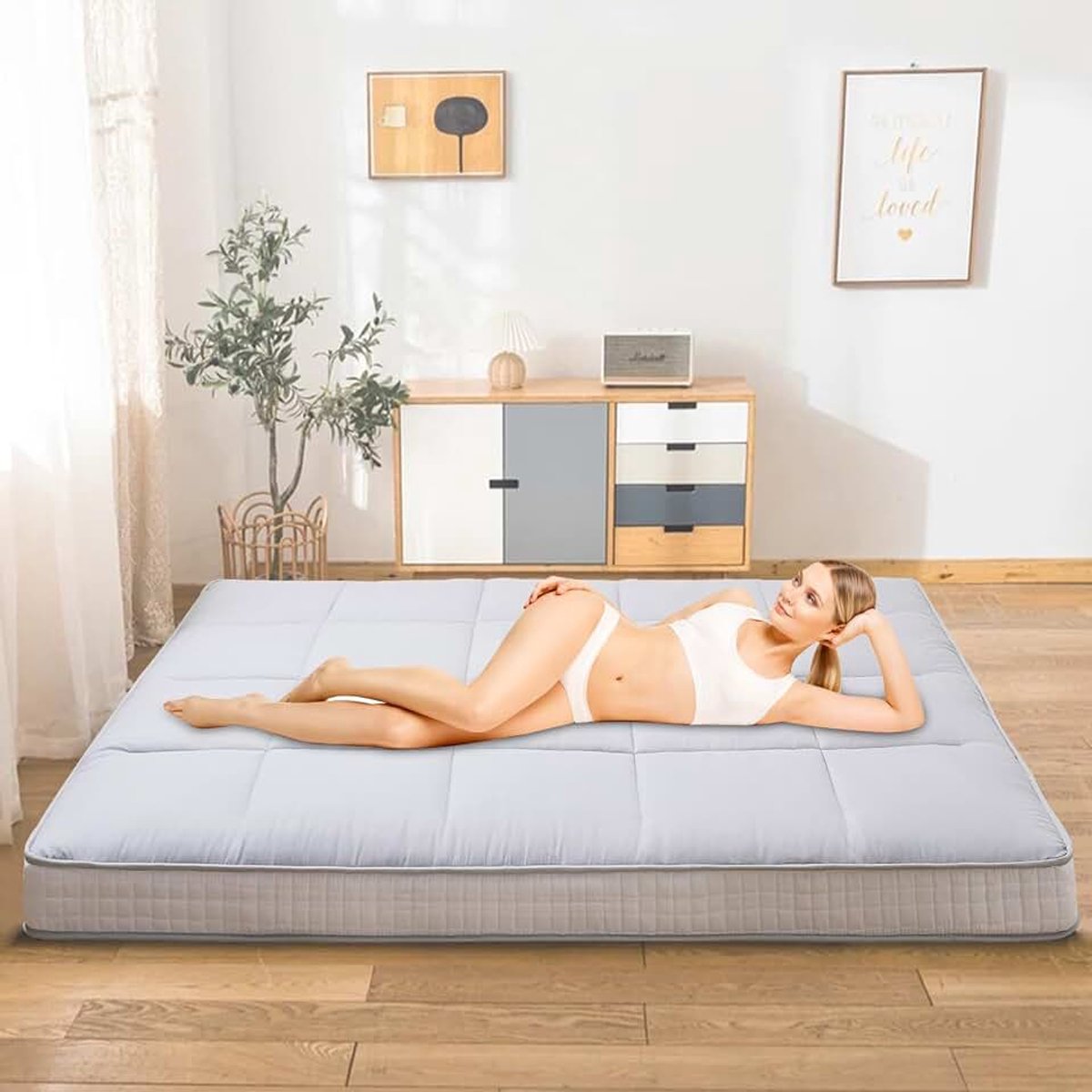 Futon Matras, 140 x 200 cm, vouwmatras, 10 cm dik, Japanse vloermat, opvouwbare matras, ademend vloerligbed, logeerbed voor camping, bank (grijs, full-matras)