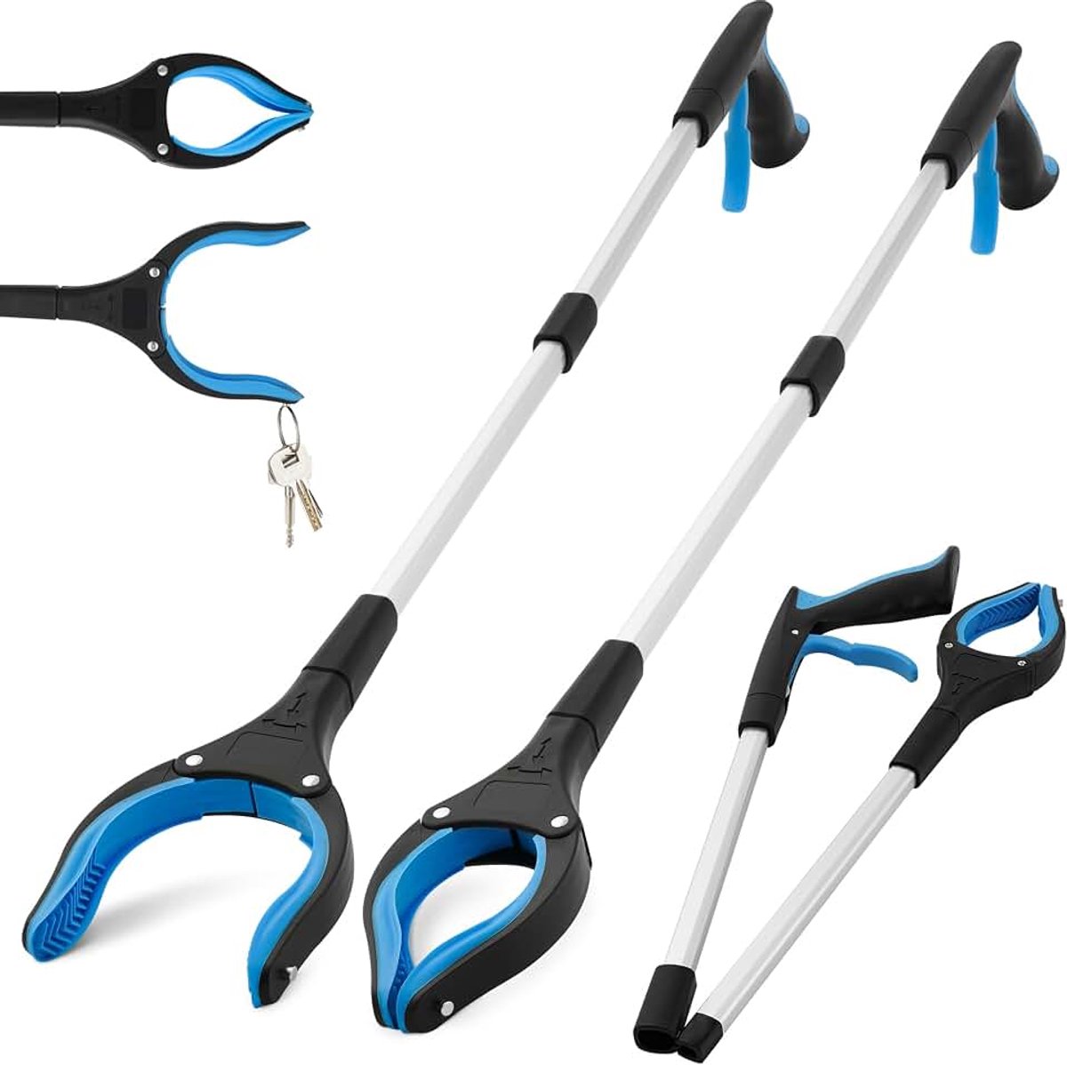 2 stuks grijptang voor senioren 83 cm aluminium vuilnistang | 2 aluminium grijpers, opvouwbaar, draaibare kop en magnetische punt. Ideaal voor senioren, afvalverzameling en huishouden.