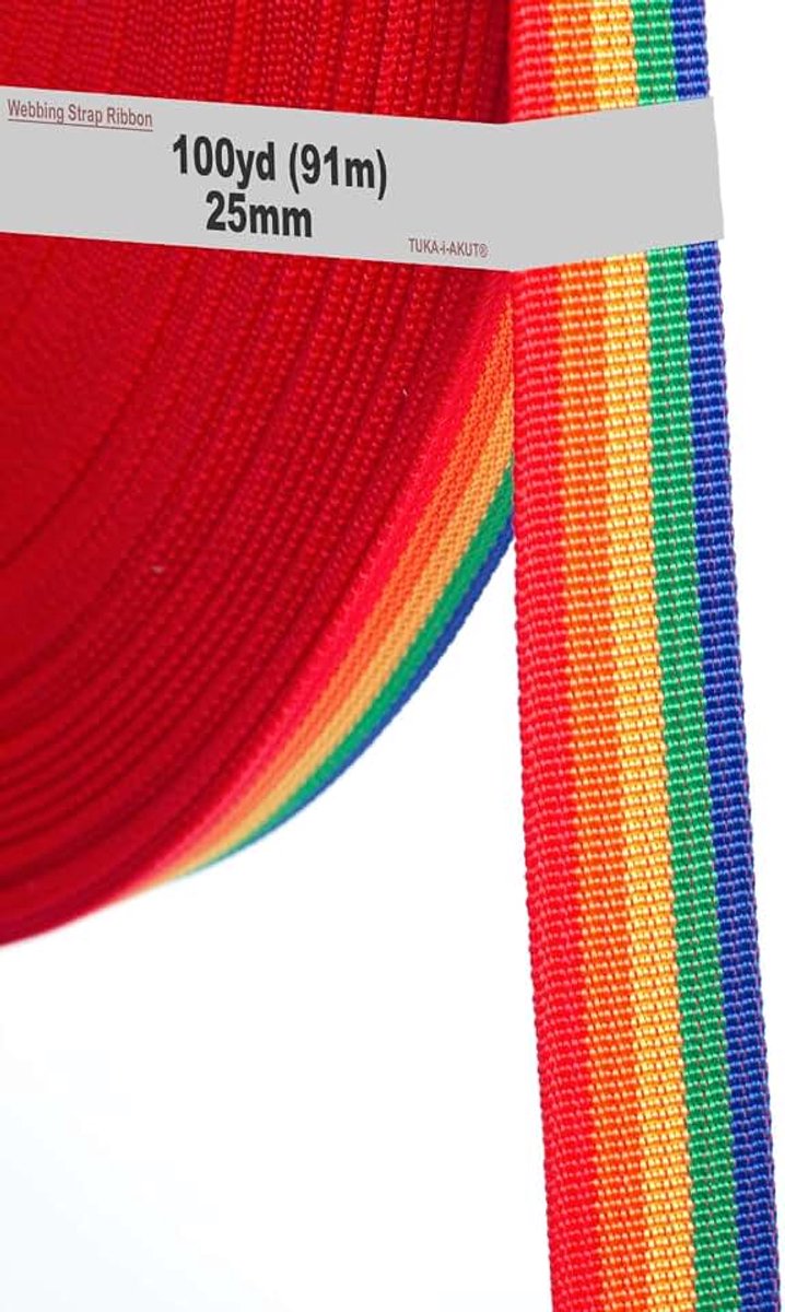 91 meter x 25 mm PP riem - 1,1 mm dik - regenboog riem van polypropyleen - 91 meter (100YD) lengte en 25 mm breedte, 5 kleuren, TKB5073
