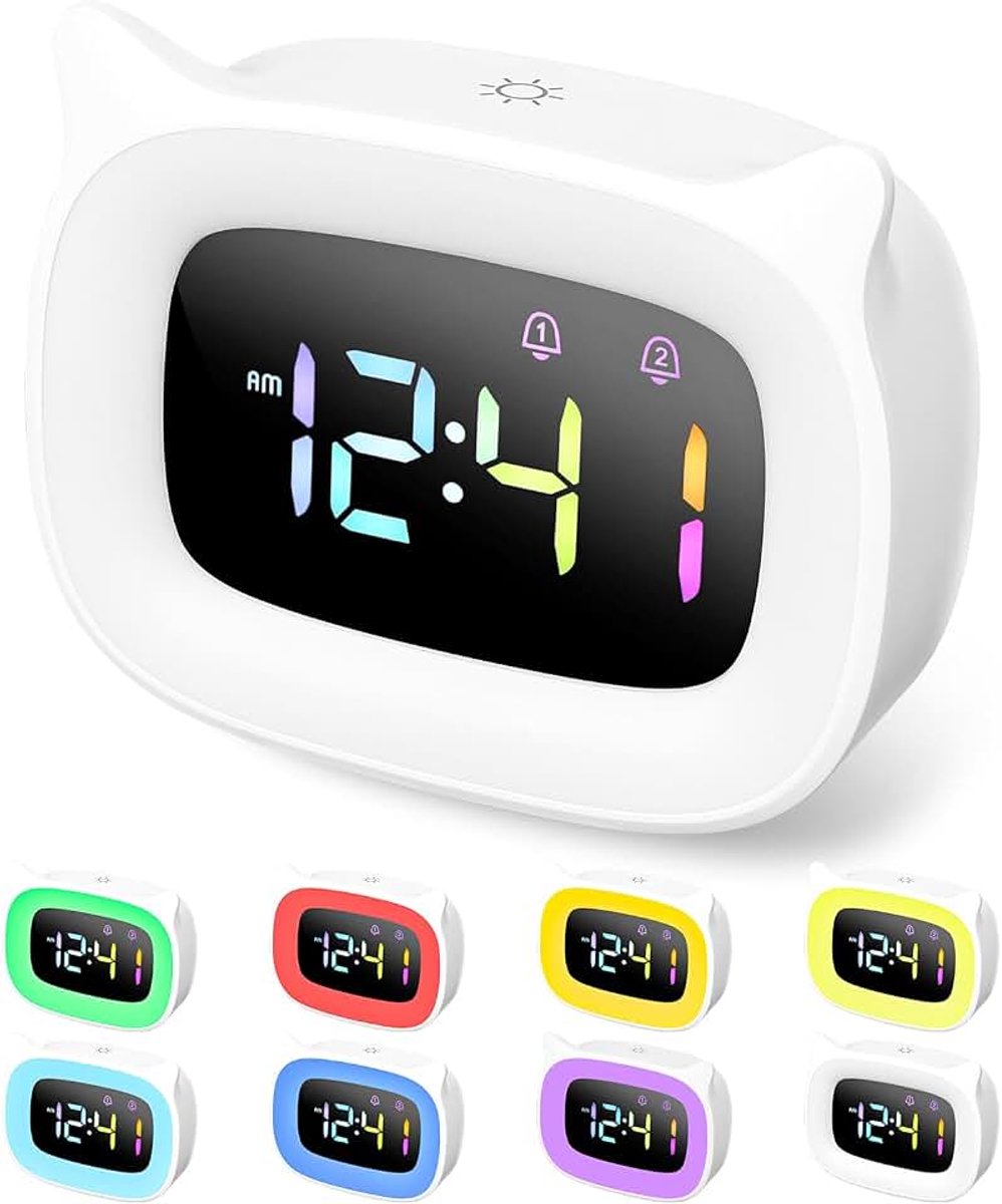 Witte led-kinderwekker, nachtwekker, helderheid instelbaar, wekker voor kinderen, 18 beltonen, hoogwaardige digitale nachtwekker, 4 modi, USB-oplaadpoort