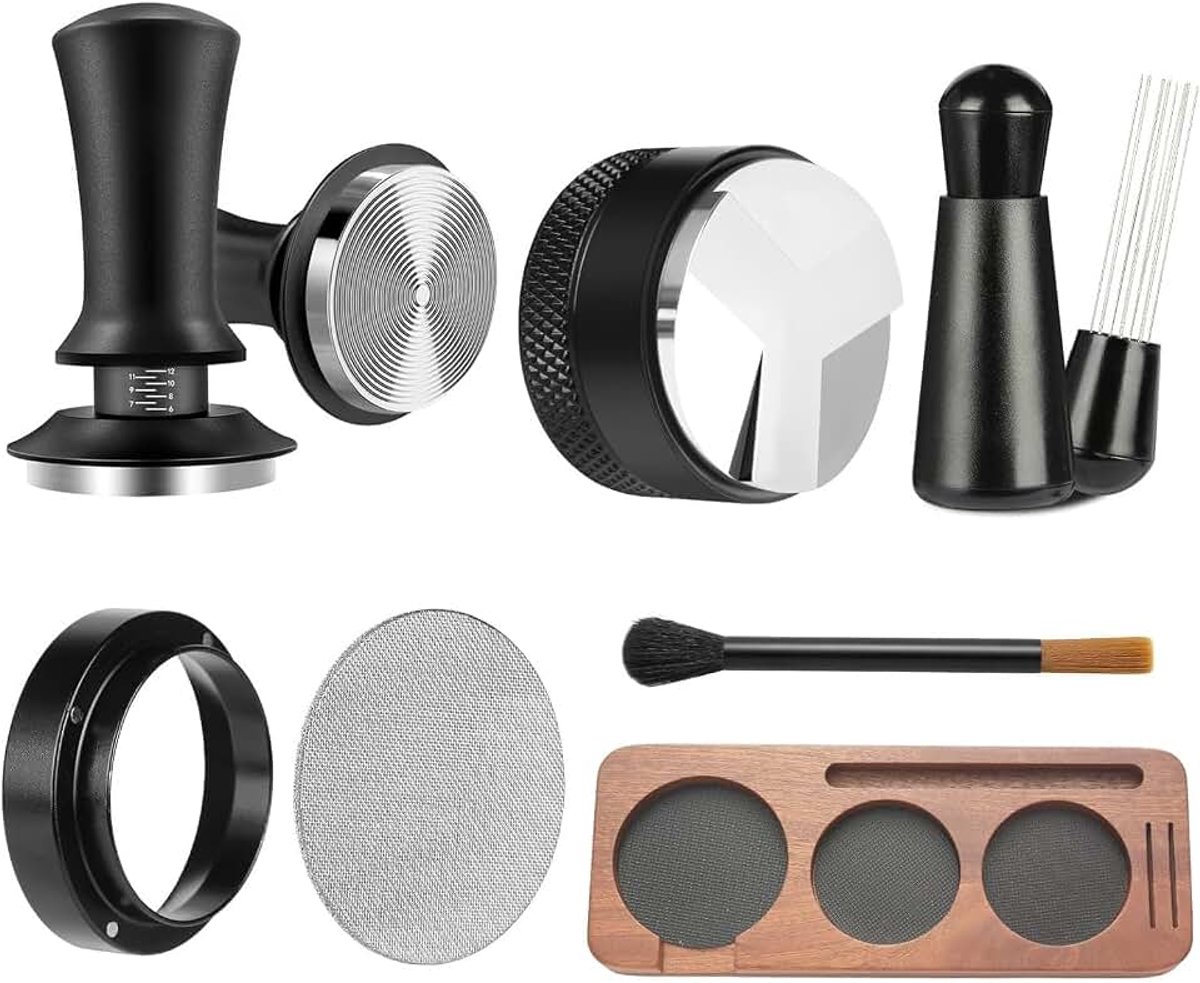 Tamperset 51 mm met tamperstation, 7-delige barista-accessoireset met koffiestamper met distributor, tampermat, doseerring, reinigingsborstel, puck screen, koffietamper voor espressomachine