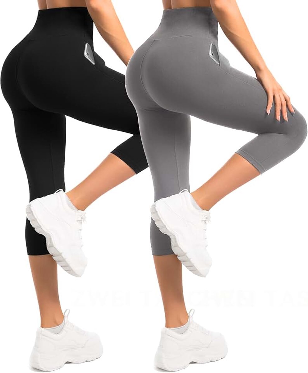 Leggings met zakken, set van 2 caprileggings met hoge taille voor dames, boterzachte, elastische broek voor workout, sportschool en yoga