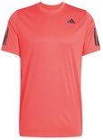 Koraalrode Adidas t-shirt met zwarte strepen op de mouwen en het Adidas logo.