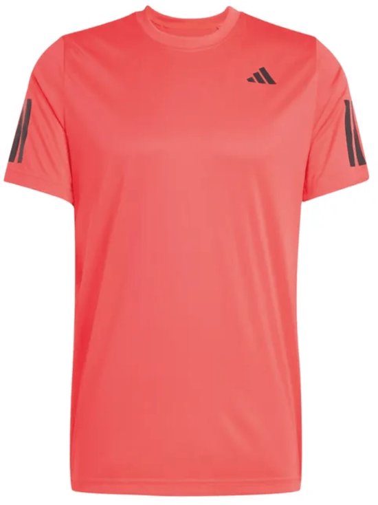 Koraalrode Adidas t-shirt met zwarte strepen op de mouwen en het Adidas logo.