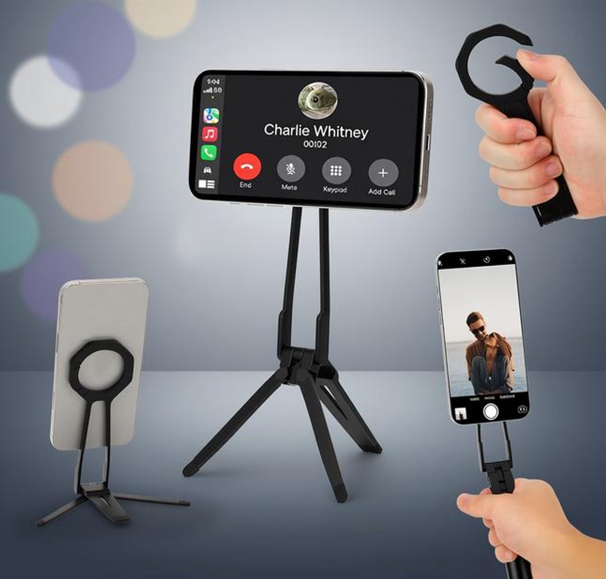 Huis Geluk Magnetische telefoonstandaard voor iPhone 12/13/14/15/16 - Opvouwbaar bureau statief - Reisstatief en selfiestick handvat - Zwart
