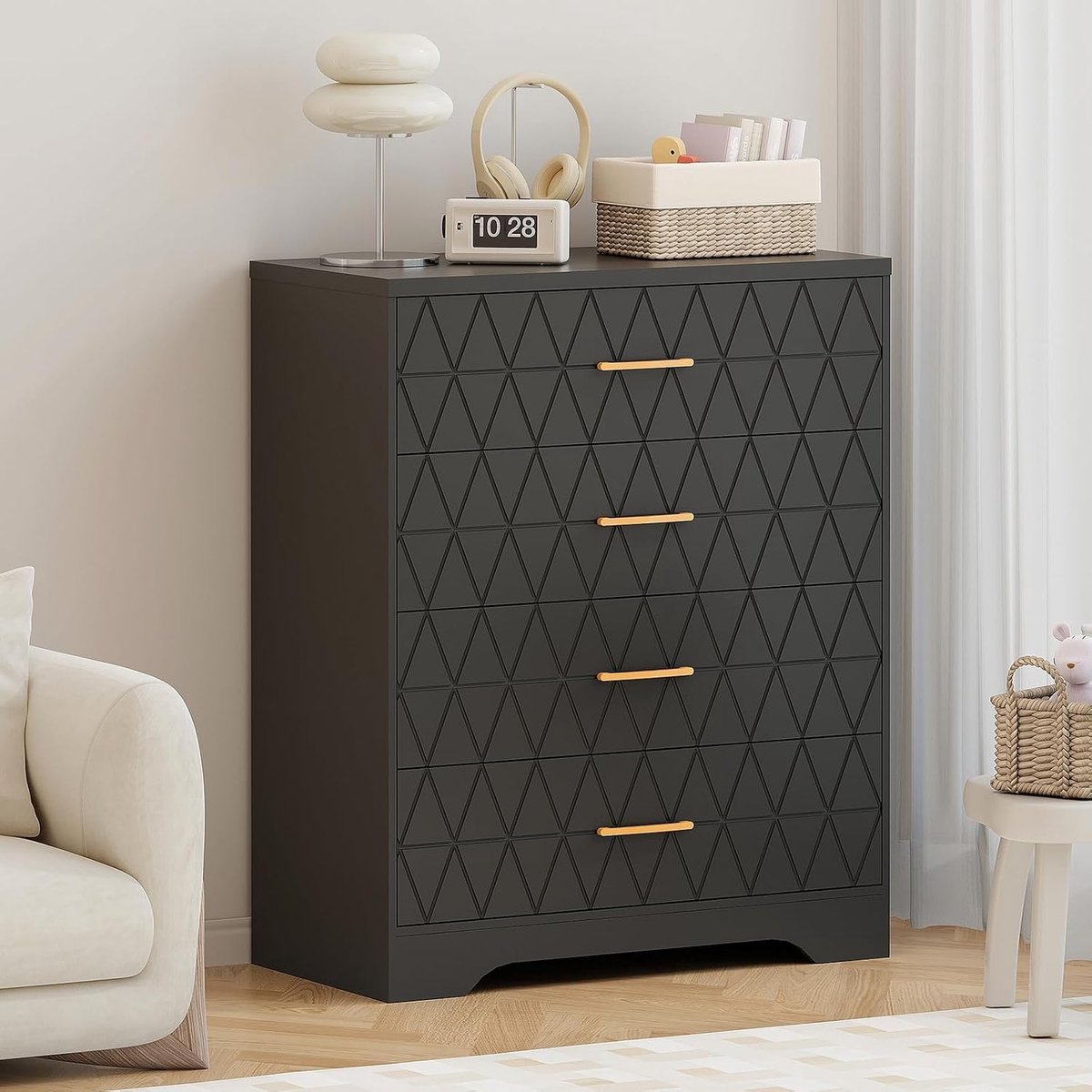 Triumpunpre - Ladekast Hoge 4 Lades houten ladekast - moderne kledingkast - grote opbergcapaciteit voor slaapkamer, woonkamer, entree of gang - Zwart