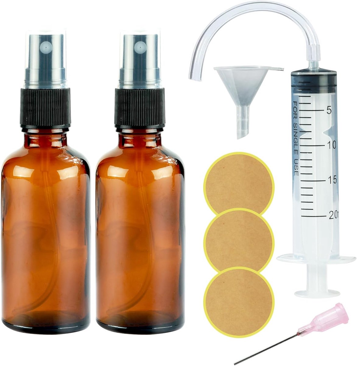 2 stuks spuitflessen klein glas, 50 ml bruine glazen spuitfles met trecht en druppelaar, glazen spuitfles leeg om te vullen, draagbaar, parfumverstuiverflessen voor cosmetica, olie, toilet