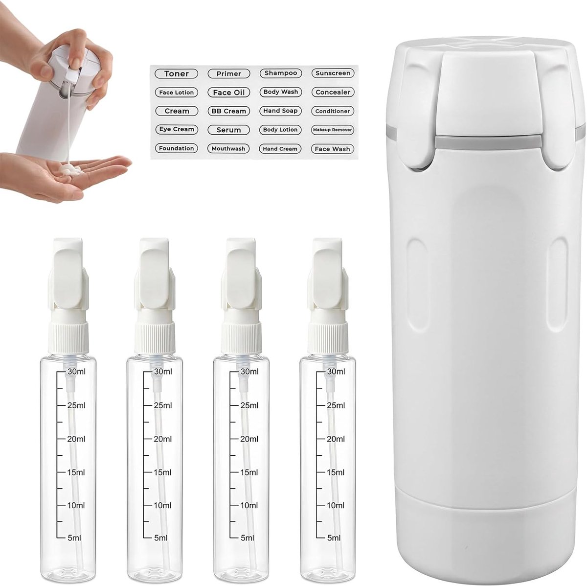 4-in-1-reisdispenser, reisformaat flessen voor shampoo,conditioner en crème | 4-in-1-reisflessen om bij te vullen, 4-in-1-reisdispenser om bij te vullen, 4-in-1-navulbare reisdispenserflessen