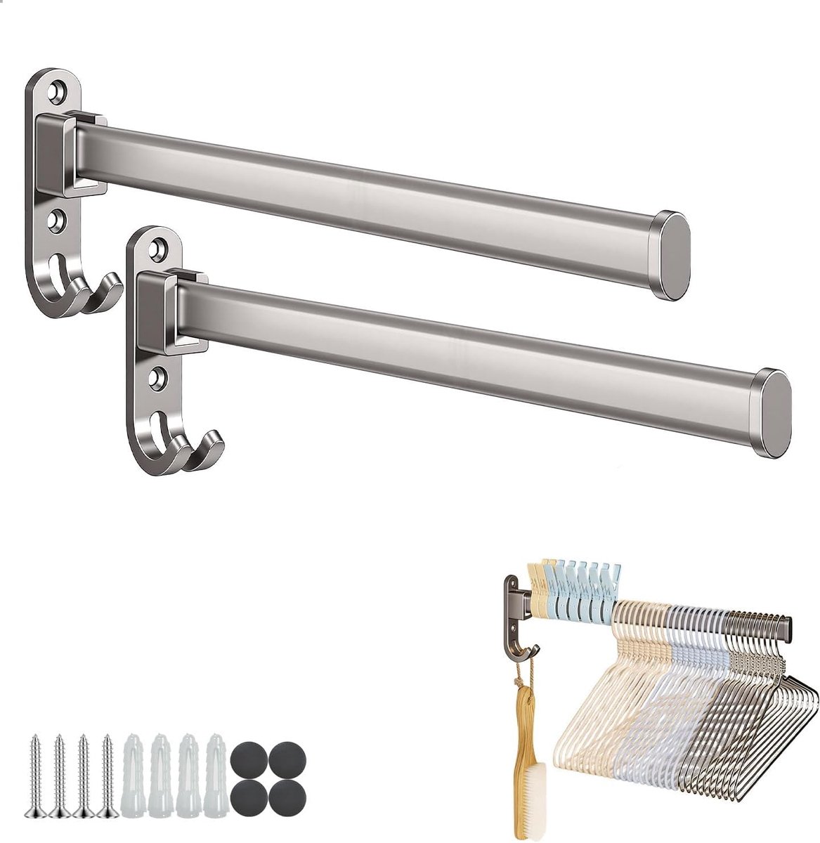 Haken, inklapbaar, kledingventilator, 2 stuks, kledingstang, wandhaken, inklapbaar met haken, aluminium garderobehaken, kledingstandaard, klaphaak voor balkon, badkamer, bijkeuken