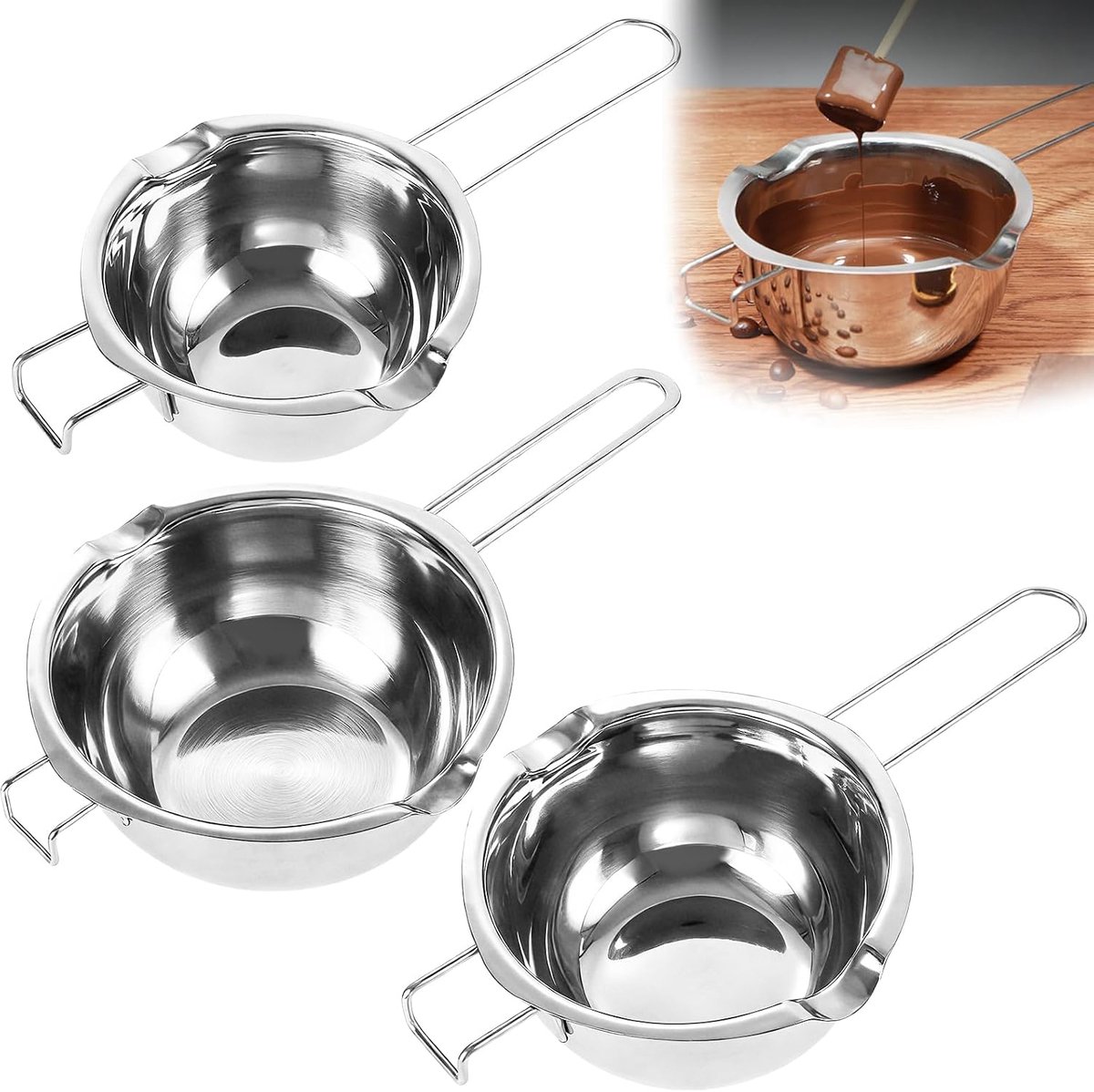 3 stuks kaarswas smeltpot, 400 ml, 600 ml, 1000 ml chocolade smeltpot, 304 roestvrij staal waterbad pot, waterbad smeltschaal, chocoladesmelter, chocolade smeltpot voor was